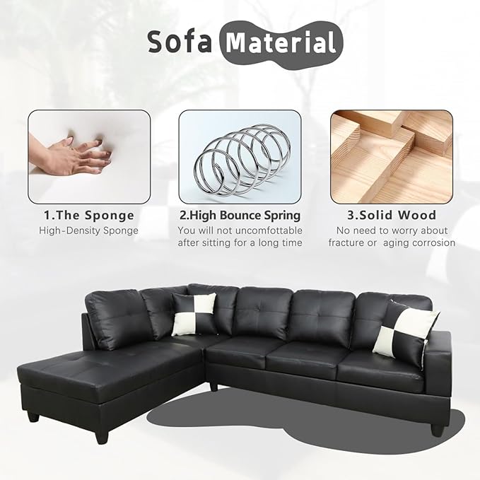 Leather Sectional Couch 105 Inch L Shaped Black Leather Sofa with Storage Ottoman 3 Piece Living Room Furniture Set with Tufted Pillows for Apartment Home Office