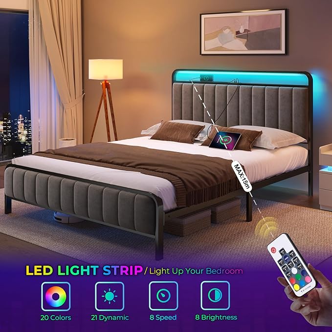 Rolanstar Full Size Bed Frame with LED Light and Charging Station Upholstered Headboard and Footboard Metal Slat Noise Free Easy Assembly Dark Gray