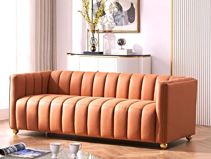 Direct Glam Fabric Upholstered Solid Wood Frame 82.7 Art Deco Sofa for Living Room Office Sophisticated 3 Seater Couch Orange