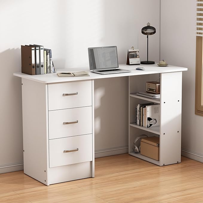 Computer Desk with DrawersStanding Desk with Storage RacksWriting Desk for Home Office or Bedroom (White)