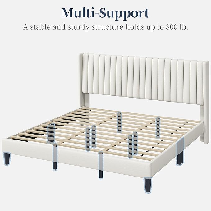 Yaheetech King Bed Frame Upholstered Platform Bed with Fabric Headboard Wing Edge Design/Non-Slip and Noise-Free/Wooden Slats Support/No Box Spring Needed/Easy Assembly Beige King Bed