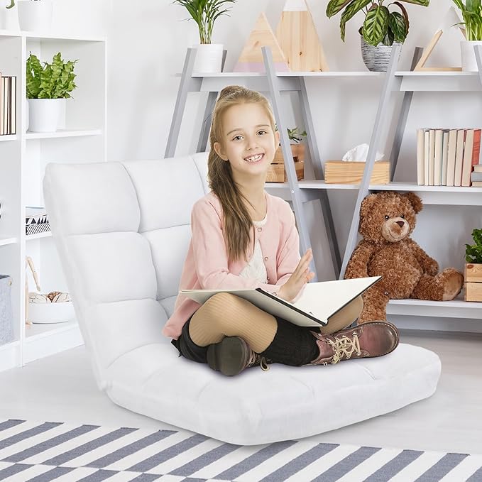 Moccha 14-Position Floor Sofa Folding Sofa Chair with Back Support Memory Foam Floor Gaming Chairs for Adults Adjustable Padded Couch Recliner Chaise Lounge for Reading Meditating (White)