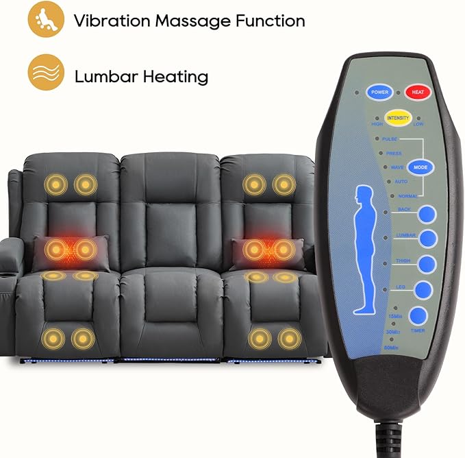 IPKIG Power Loveseat Recliner Sofa with Flip-Up Backrest Table AC Outlet LED Light Wall Hugger Recliners for Living Room RV Home Theater (Light Blue 3-Seater)