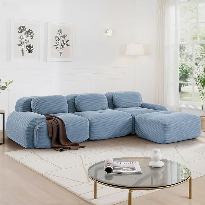 SoarFlash 117 Modern L-Shaped Modular Sectional Sofa for Living Room Corduroy Upholstery Oversized 3-Seater Couch with Deep Seat and Movable Ottoman-No Assembly Blue