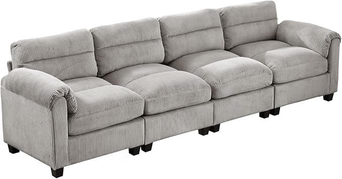 CANMOV Modular Sectional Sofa Corduroy 4-Seater Couches with Thick Cushion for Living Room Grey