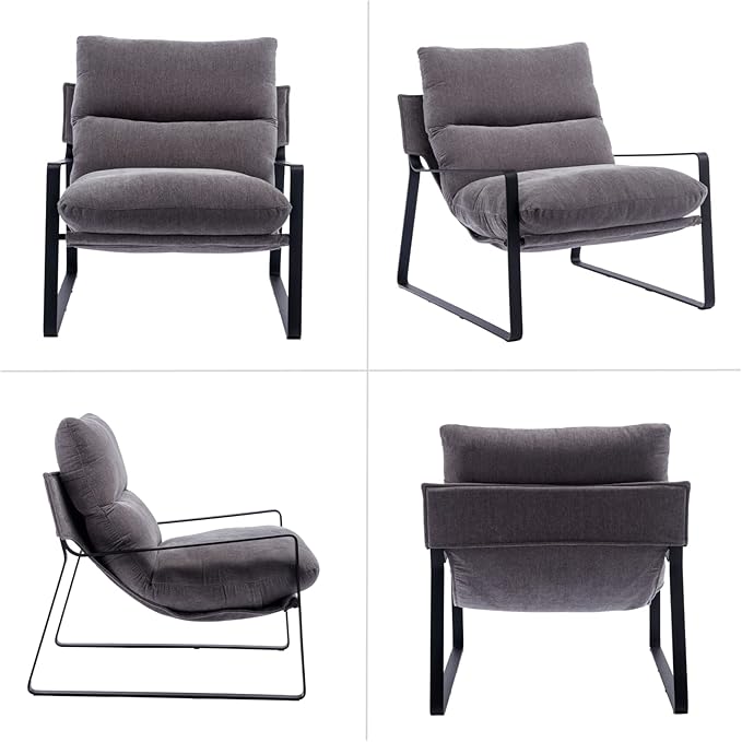 HEAH-YO Modern Accent Chairs Set of 2 Linen Fabric Living Room Chairs with Removable Cushion and Solid Metal Frame Comfy Reading Chairs for Bedroom Grey