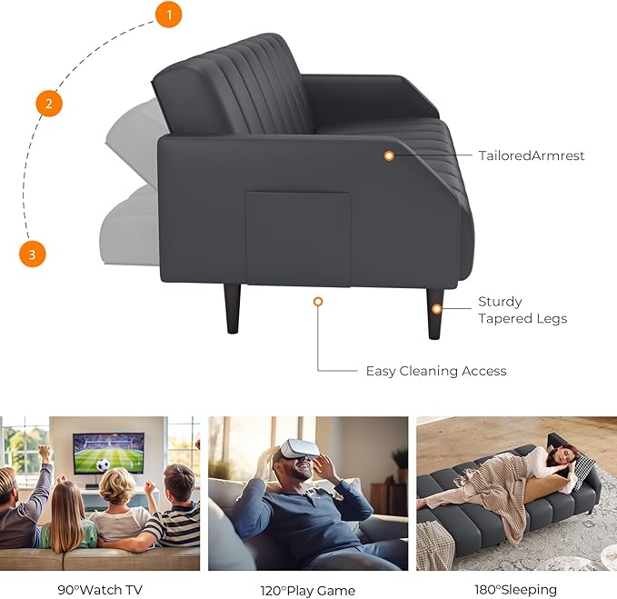 Fadware Faux Leather Couch Convertible Futon Sofa Bed with Adjustable Backrest Mid Century Leather Sofa Loveseat with Side Pockets&amp Metal Leg Modern Leather Sleeper Sofa for Living Room Bedroom