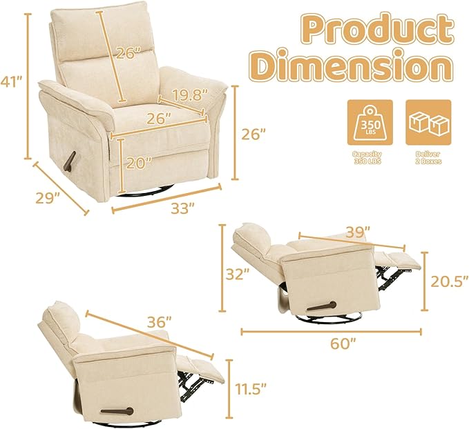 Oversized Rocking Chair Nursery with Adjustable Headrest 26 Wide Swivel Rocker Recliner Nuresry Chair with Overstuffed ArmrestManual Rocker Recliner for NurseryBeige
