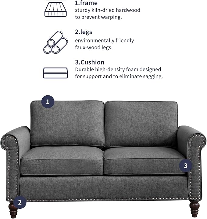 Loveseat Sofa Couches for Living Room 2 Sofa Seat for Small Spaces Mid Century Modern Couch with Armrest and Backrest Soft Cushion Sofa for Home/Office/Apartment - Dark Grey