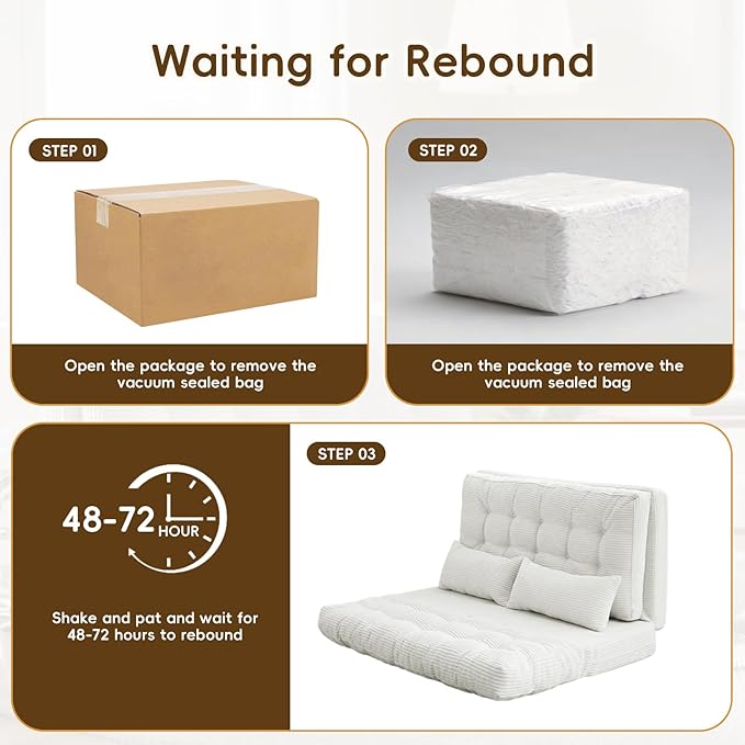 Convertible Sofa Bed 54x91 Inch Thick Tufted Folding Sofa Bed with 2 Pillows Folding Floor Loveseat Sleeper Couch Mattress for Small Spaces Living Room Bedroom and Adults White