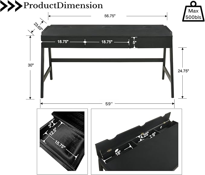 HNY 59 Inches Black Wooden Writing Desk with 3 Drawers Computer Study Table with MDF Top Solid Rubberwood Legs and Hidden Cable Management Holes Corner Makeup Vanity Desk for Home Office Bedroom