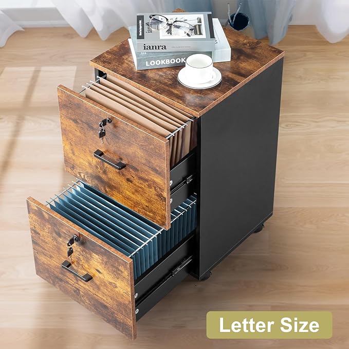 Rolling File Cabinet with LockUnder Desk Filing Cabinet fits Letter/Legal/A4 Size for Home OfficeMobile File Cabinet Office Storage Cabinet with Wheels Wood Storage Cabinet Rolling Storage Cabinet