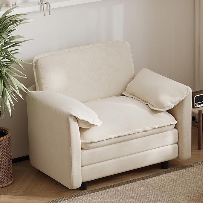 43 Oversized Chenille Single Sofa Chair Deep Seat Chaise Lounge Chair Upholstered Armchair Modern Accent Chairs for Living Room Bedroom Office Apartment Beige