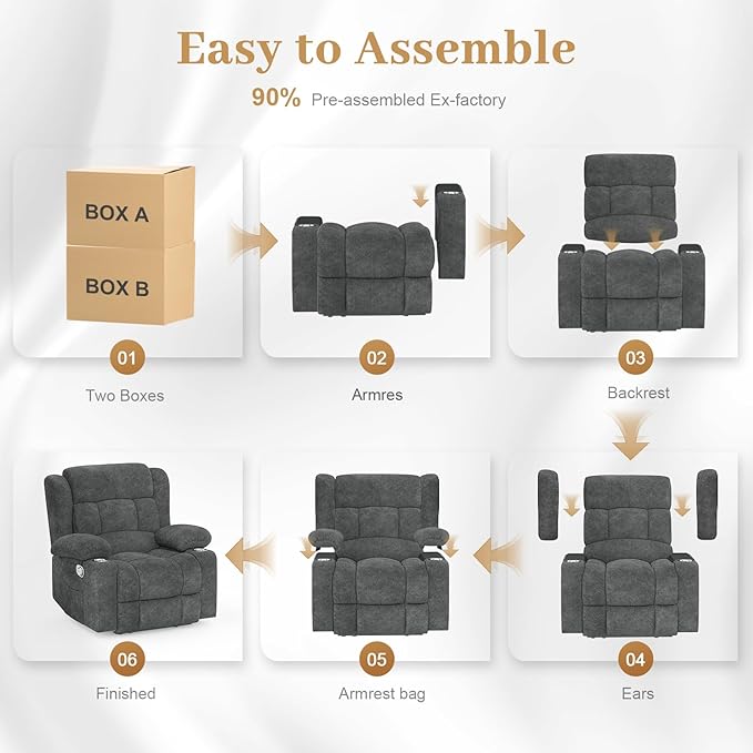 Recliner Chair for Adults Oversized Fabric Manual Pull Tab Reclining Chair with Cup Holders Minimalist Style Single Sofa for Living Room RV (Grey)
