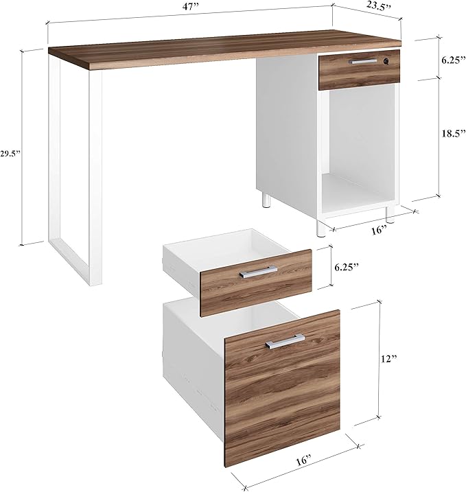 Modern Design Milano Office Computer Desk with 3 Locking Drawers 48 Inch Walnut and Black Industrial Wood Desk with Filing Drawer and Storage by Crafts and Comfort