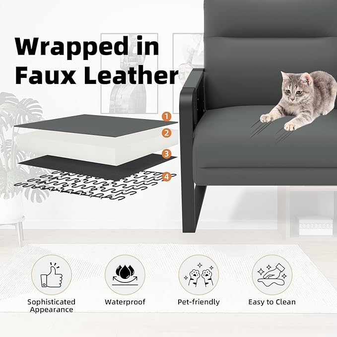 Faux Leather Accent Chair Upholstered Armchair with Side Tray &amp Pocket Comfy Reading Chair for Living Room Bedroom Guest Room Gray