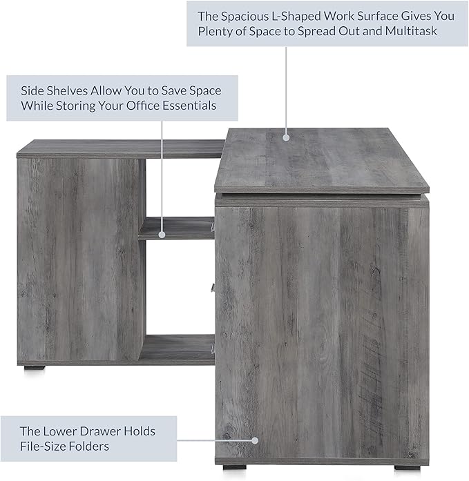 BELLEZE L Shaped Computer Desk 60” Study Writing Table Home Office Desk Morden Corner Workstation Setup with Adjustable Storage Shelves and 3 Drawers Gray Wash