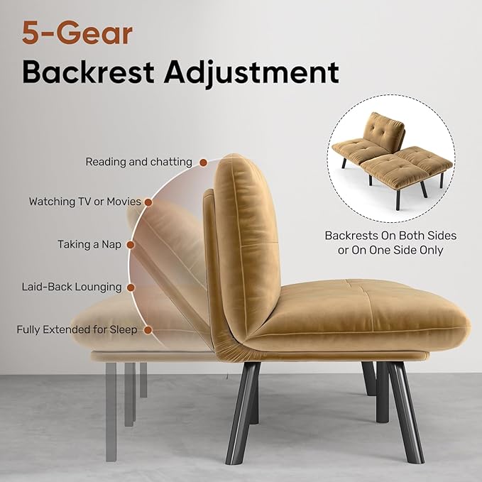 Futon Sofa Sleeper Couch Bed with Adjustable Backrest Thick Cushion Velvet Fabric for Department Living Room Lounge Sofa Loveseat (Brown)