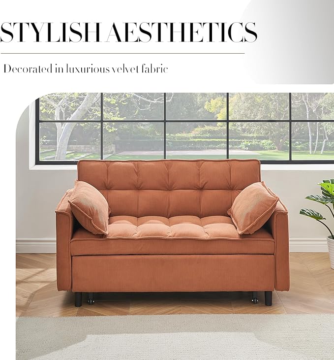 3 in 1 Corduroy Convertible Sofa Bed Pull Out Couch Bed with Reclining Backrest and 2 Pillows 54 Full Size Loveseat Sleeper Sofa Futon Couch Beds Couches for Small Spaces Living Room (Orange)