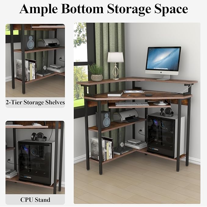 Auromie Corner Desk with Charging Station &amp LED Light Triangle Corner Desk with Monitor Stand &amp Keyboard Tray for Small Space Gaming Computer Desk with Storage Shelves for Home Office (Rusti
