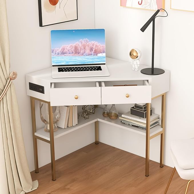 Giantex Corner Desk with Charging Station 90 Degree Triangle Computer Desk with 2 Drawers &amp Storage Shelf L-Shaped Writing Desk Makeup Vanity Table Compact Corner Desk for Small Spaces (White)