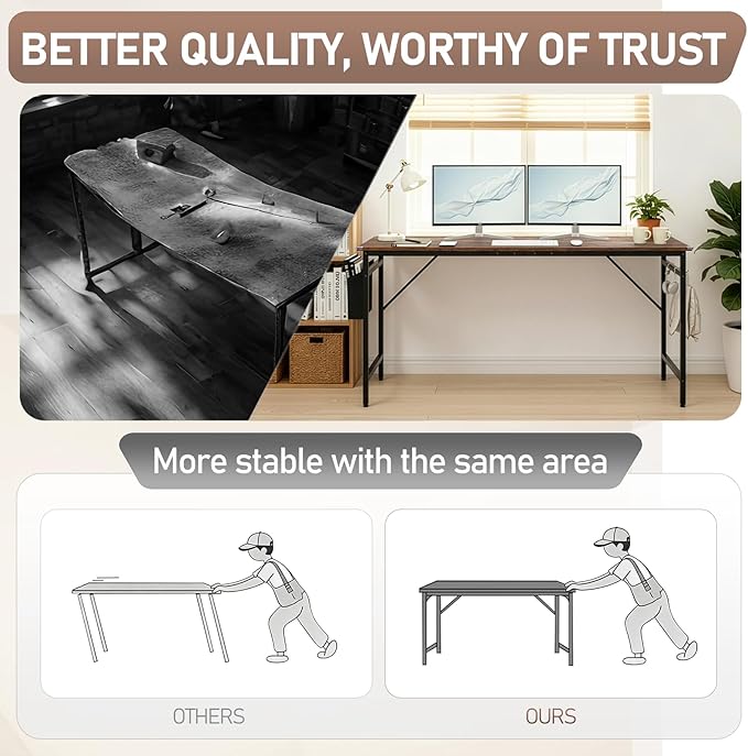 VINGLI 63 Inch Computer Office Modern Simple Gaming Desk with Side Fabric Drawer &amp Hook Up Wear-Resistant Surface Writing Desk Work Desk for Bedroom Living Room Rustic Brown