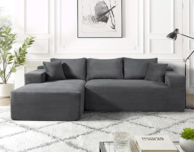 Ridge 2-Piece Convertible Corduroy L-Shaped Sofa in a Box with Pillows 3-Seater Modular Sectional Couch Compressed Living Room Furniture Dark Grey (Left Facing)