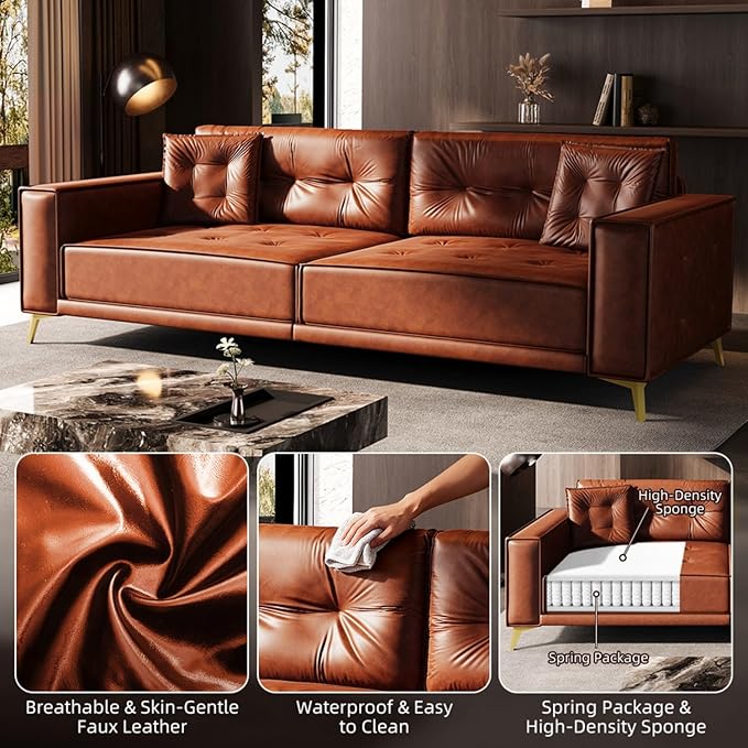 92.1King Size Pull Out Sofa Bed 3-in-1 Faux Leather Convertible Sleeper Sofa with Ultra Wide Armrests Tufted Modern Sofa with 2 Pillows for Bedroom Living Room (Orange Brown 92.1inch)
