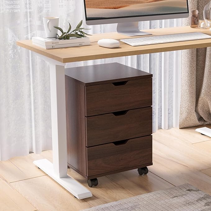 Vertical File Cabinet 3 Drawer Mobile File Cabinet Under Desk Wooden Filing Cabinet Storage Organization Filing Cabinet with Wheels for Home Office (Brown)