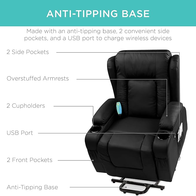 Best Choice Products PU Leather Electric Power Lift Chair Recliner Massage Chair Adjustable Furniture for Back Legs w/ 3 Positions USB Port Heat Cupholders Easy-to-Reach Side Button - Black
