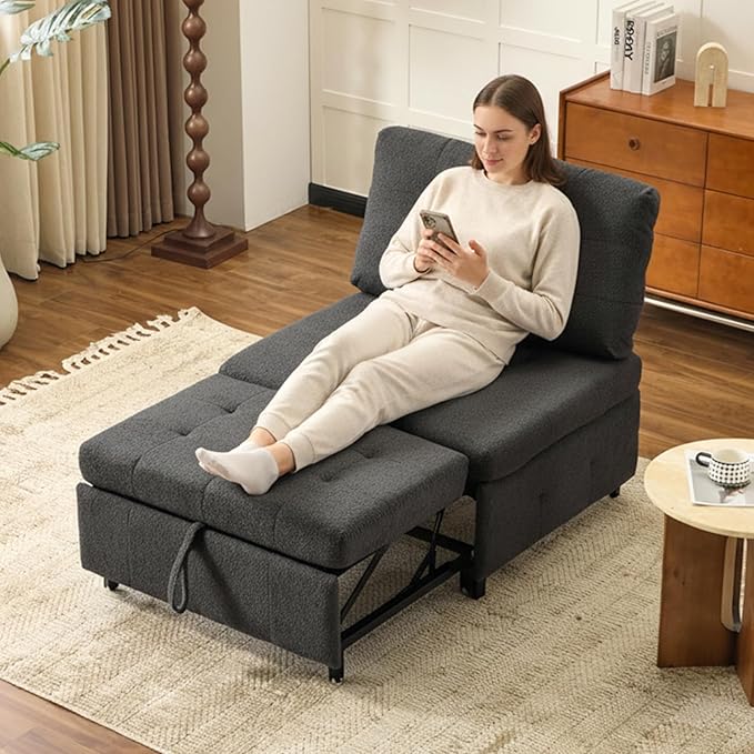 VINGLI Convertible Single Sofa Bed Tufted Teddy Fleece Sleeper Chair Bed Armless Living Room Chair Chaise Lounge with Adjustable Backrest Pull Out Couch Bed for Small Spaces (Dark Grey) | Armless Sofa