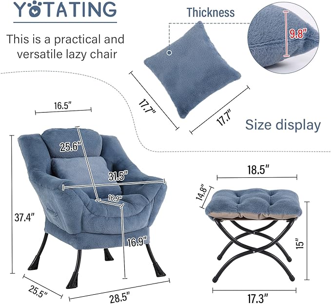 Lazy Chair with Ottoman Comfy Reading Lounge Chair with Footstool &amp Throw Pillow Modern with Armrests &amp Side Pocket for Living Room Bedroom Dorm Room Plush Light Blue