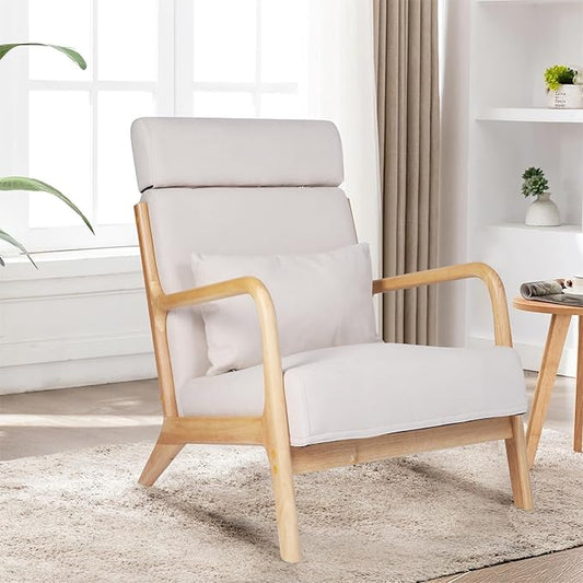 LUCKYERMORE Solid Wood Accent Chair Mid Century Modern Armchair with High BackrestUpholstered Reading Chair for Living Room Bedroom OfficeBeige