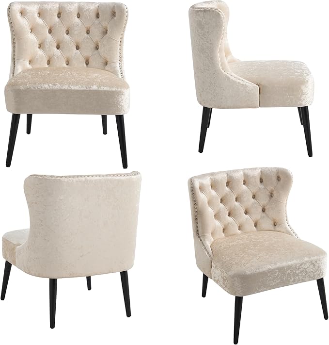 Mid Century Accent Chairs Set of 2 Upholstered Wingback Tufted Velvet Living Room Chair with Black Wood Legs Comfy Side Corner Chair for Small Spaces Bedroom Waiting Room Cafe Beige