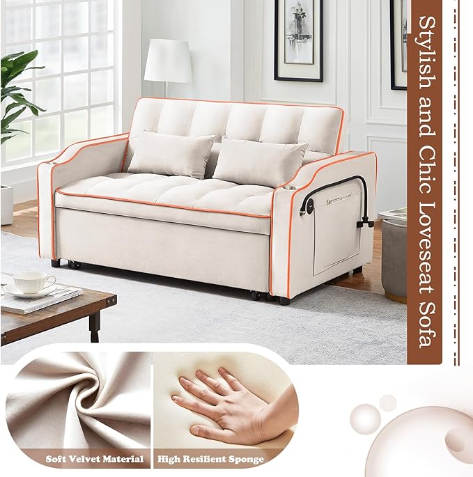 Pull Out Sofa Bed with Phone Holder Convertible Velvet Loveseat Sleeper with 2 USB Charging Ports Modern Futon Couch with Cup Holders and Adjustable Backrest Small Love Seat for Living Room Beige