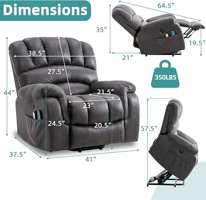 MEETWARM Large Power Lift Electric Recliner Chair with Massage and Heat Overstuffed Wide Recliner with 2 Remote Controls for Elderly Big People Heavy Duty Recliners USB Ports Side Pockets(Gray)