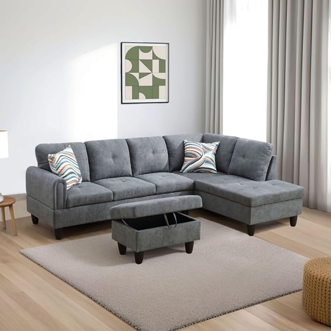 Dark Grey 3 Piece Sectional Sofa Set L Shaped Flannel Couch with Storage Ottoman Modern Upholstered Sofa for Living Room Office