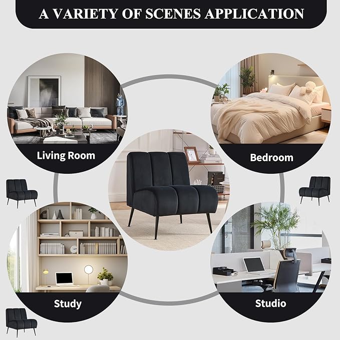 Modern Accent Chair Velvet Upholstered Fuzzy Club Chairs with Tufted Design Comfy Living Room Chair with Metal Legs Padded Reading Chair for Reading Room (Black-Velvet)