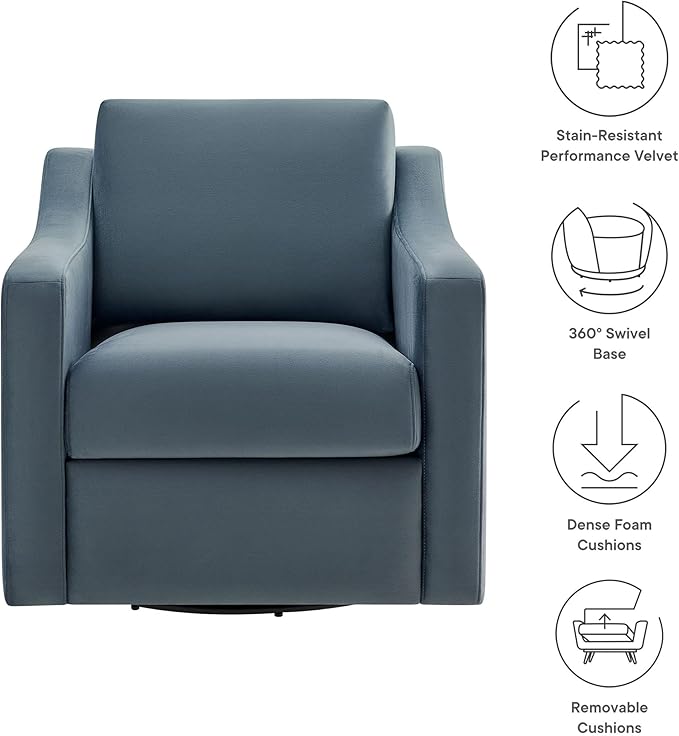 Modway Liora Performance Velvet Swivel Accent Chair in Cadet Blue Comfortable Stain-Resistant Velvet Armchair with Curved Armrests for Living Room Bedroom Reading Nook