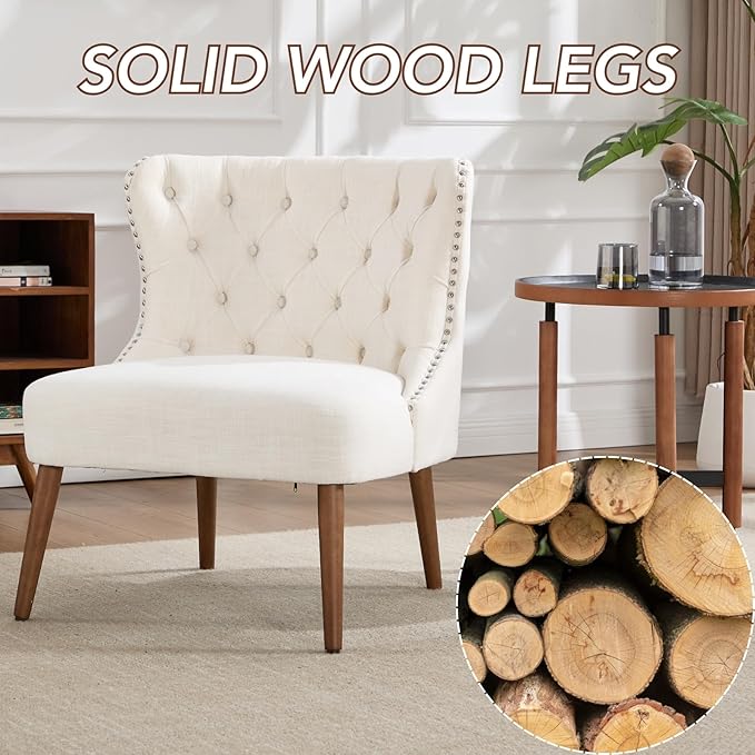 chairus Tufted Slipper Accent Chairs Set of 2 Linen Upholstered Armless Living Room Chairs with Nailhead Trim Mid-Century Modern Wingback Side Chairs for Bedroom Office Reception Beige