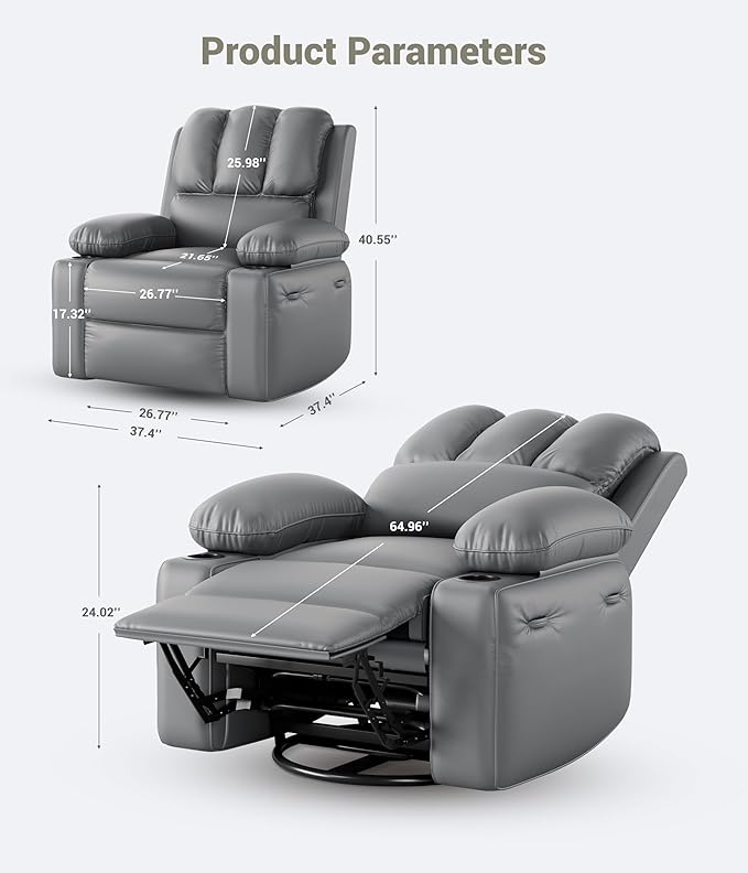 Oversized Recliner Extra Wide 27 Leather Recliner Chair Manual Recliner Chair for Living Room Large Rocking Recliner with Cup Holders and Padded Arms Gray