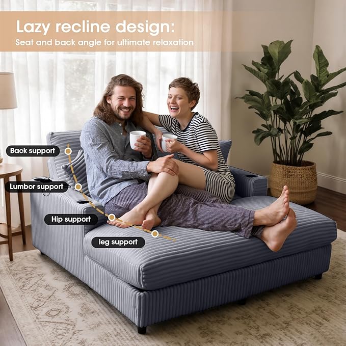 64 Chaise Lounge Indoor Oversized Chaise Lounge Chair with 2 PillowsUSB Charger Cup Holder Corduroy Sofa Bed Lazy Sleeper Couch Reading Chair for Apartment Grey