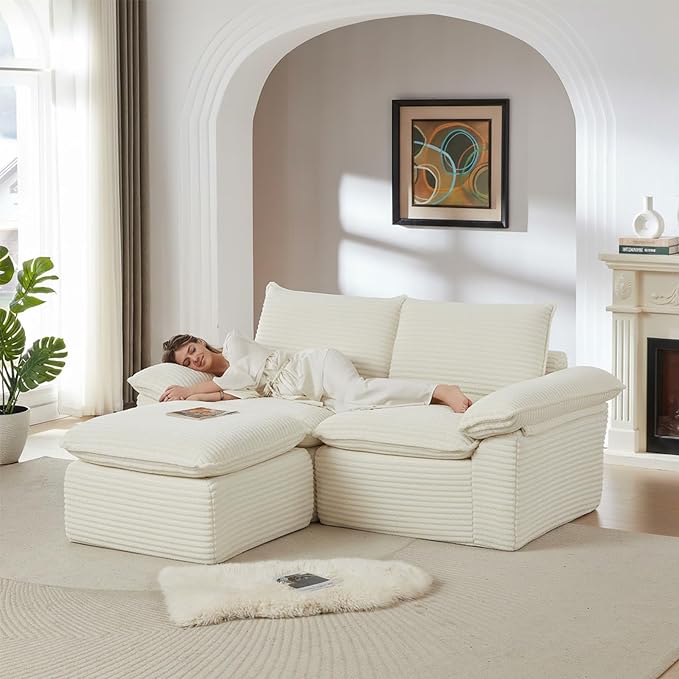 80 Cloud Sectional Couch with L-Shaped Chaise Corduroy Sectional Sofa with Ottoman Boneless Couch with Deep Seat in a Box for Living Room No Assembly Required (White)