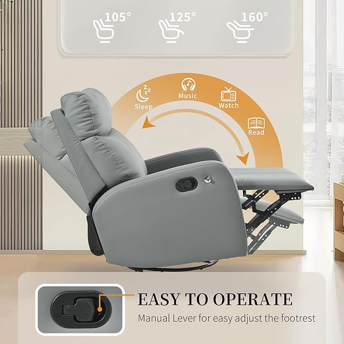 Swivel Rocker Recliner Chair for Nursery Upholstered 360° Leather-air Glider Rocking Chair with Phone Holder Manual Small Recliners for Small Spaces Living Room