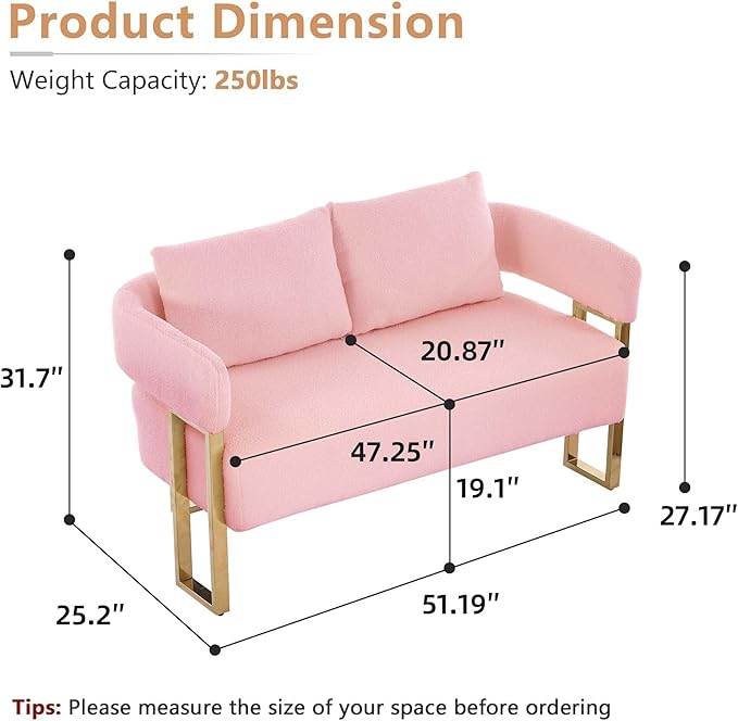 Teddy Fabric Accent Chair Modern Side Chair with Gold Metal Legs 51 Inch Wide Upholstered Loveseat for Living Room Dressing Area Office (Pink)