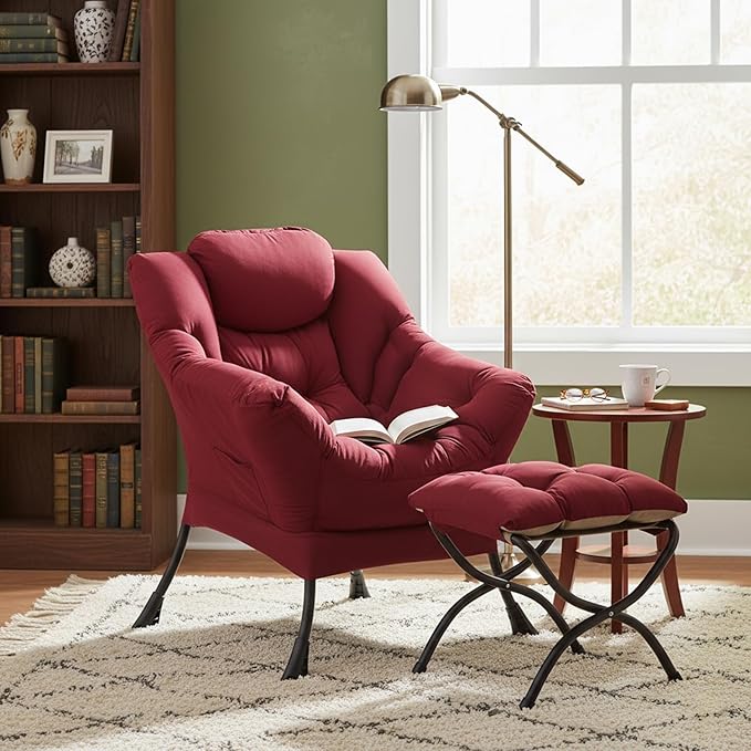 Welnow Lazy Chair with Ottoman Modern Accent Chair with Armrests and a Side Pocket Leisure Sofa Armchair Reading Armchair with Footrest for Small Space Burgundy