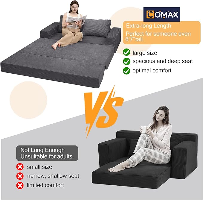 COMAX Convertible Sofa Bed Queen Corduroy Folding Floor Couch Pull Out Couch Bed Futon Sleeper with Pillows Fold Out Boneless Sofa Comfy Lounge Mattress Loveseat for Living Room Bedroom Grey