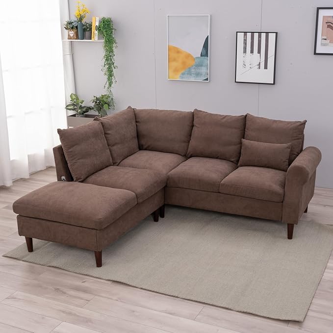 Panana Upholstered Sofa Couch Linen Fabric/Artificial Leather L Shaped Corner Sectional Modern Living Room Sofa (Brown Linen 5 seat Left Corner with Built-in USB Port)