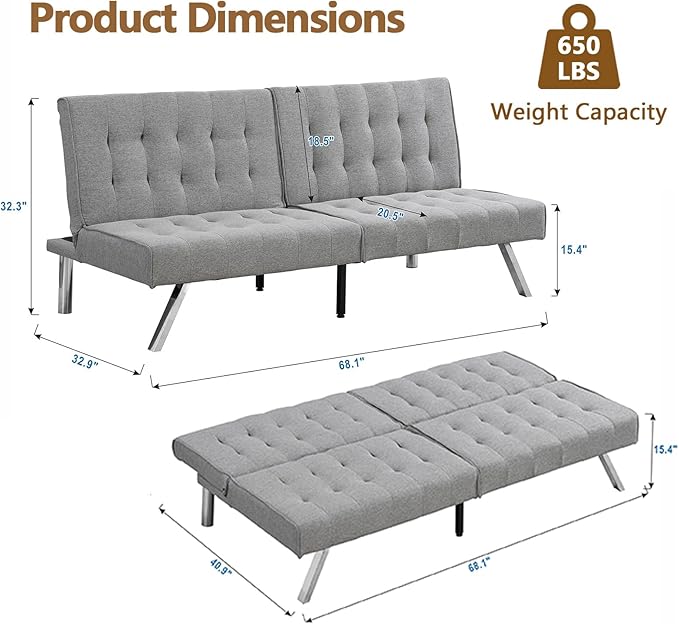 Modern Convertible Futon Sofa Bed Adjustable Loveseat Futon Couch with Metal Legs Upholstered Sofa Bed with Wood Frame Sleeper Couches for Small Compact RV Living RoomOffice (Grey-Fabric)