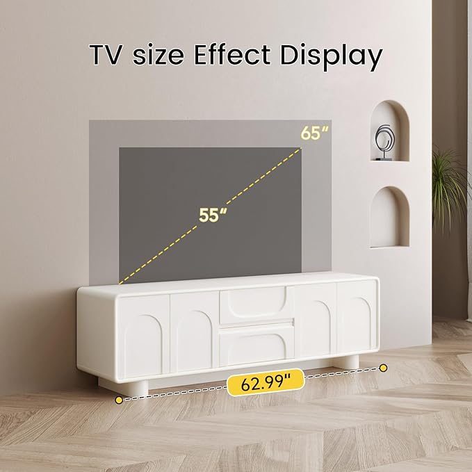 62.99 TV Stand for 55/60/65 TV Modern Entertainment Center with Storage Cabinets and Drawers Mid Century Media Console Table Cream White Television Stand for Living Room